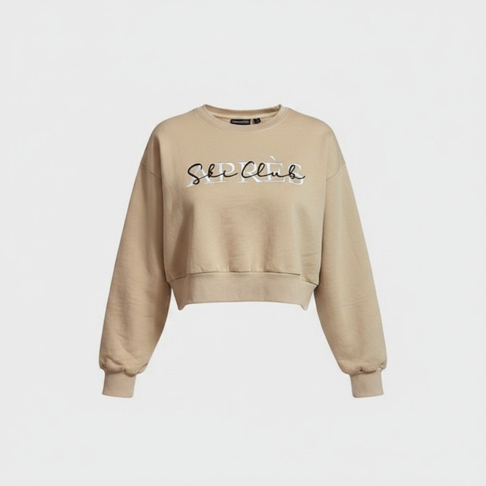 Chemistry Après Ski‎ Club Sweatshirt Women Small Tan Cropped Pullover Ski Resort